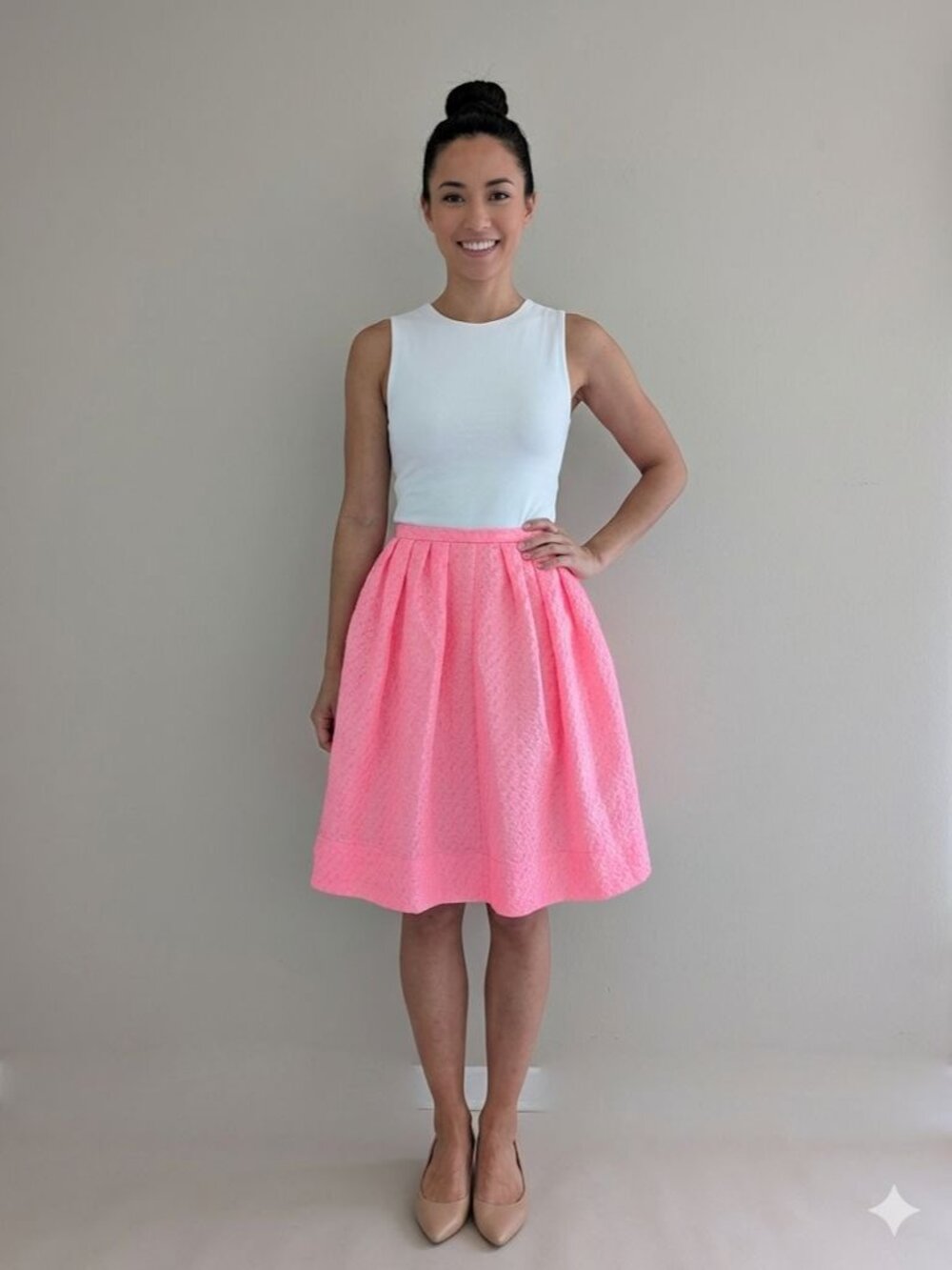 Pink Tartan Neon Barbie Pink Textured Pleated A-Line Skirt Silk Blend, Size 2